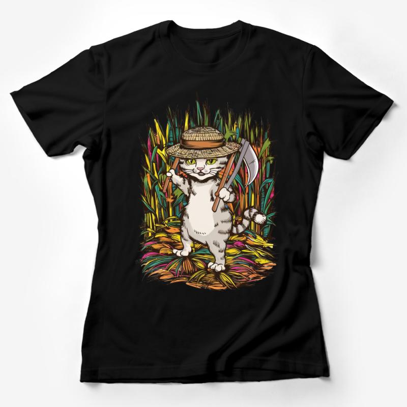 Farmer Cat T-Shirt, Cute Cartoon Kittie in Hat Graphic Tee, Funny Feline Harvest Casual Shirt, Unisex Female T-Shirt