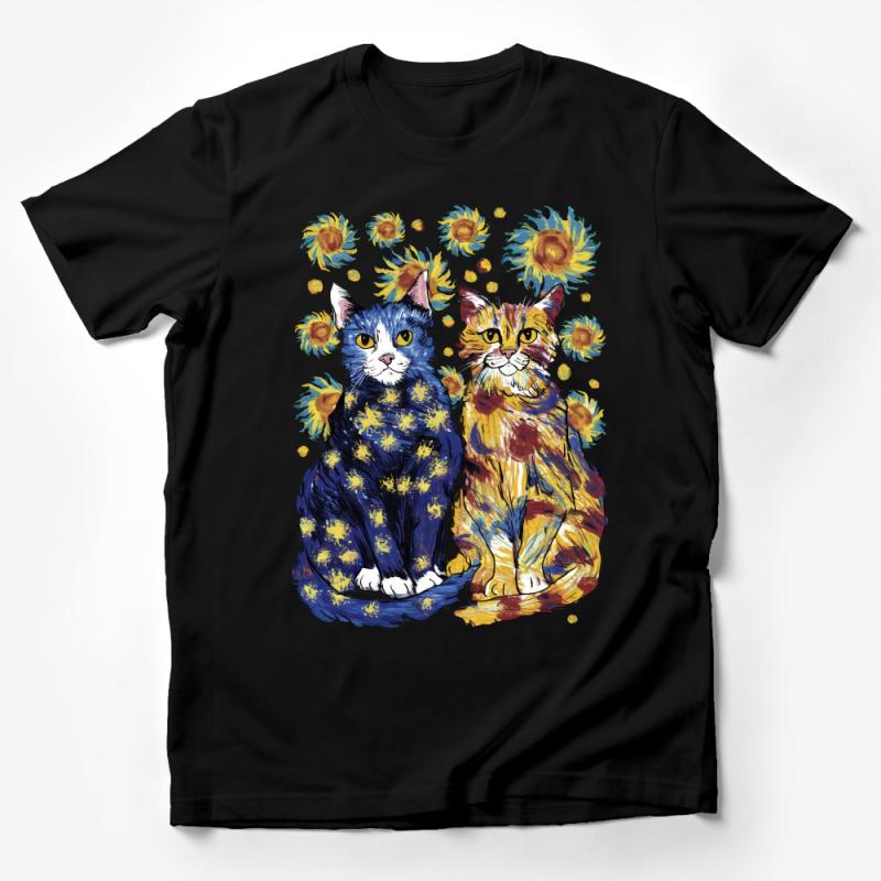 Van Gogh Inspired Cat T-Shirt, Starry Night and Sunflowers, Artistic Feline Tee, Unique Gift for Cat Lovers Male T-Shirt