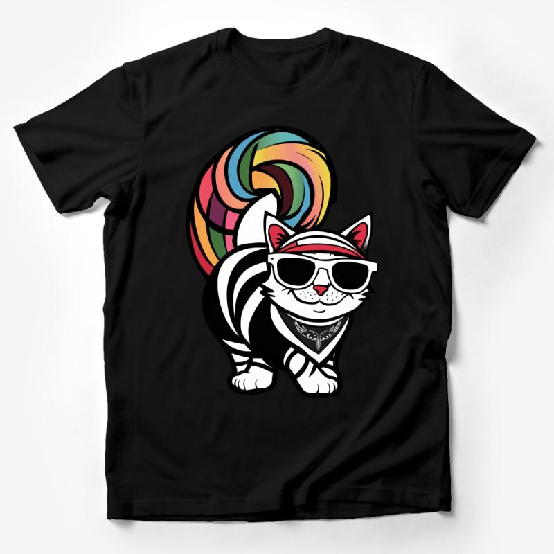 Rainbow Tail Cat T-Shirt, Cool Sunglasses Cat Tee, Hipster Kitty Shirt, Colorful Feline Apparel, Unisex Cat Lover Gift, Urban Cat Top Male T-Shirt