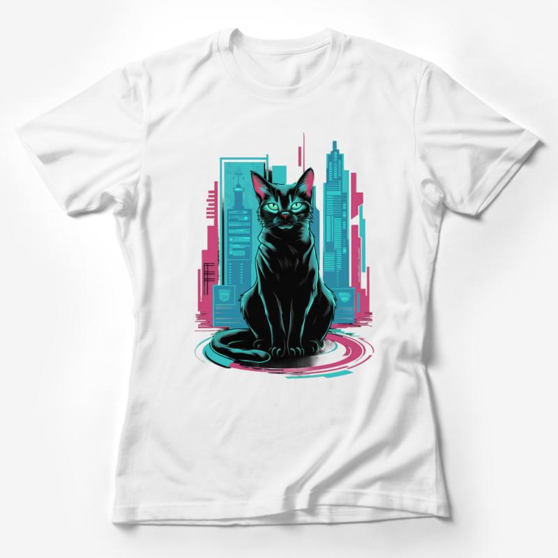 Cyberpunk Cat T-Shirt, Futuristic Neon City Kitty Tee, Unisex Sci-Fi Cat Lover Apparel, Unique Graphic Tee Female T-Shirt