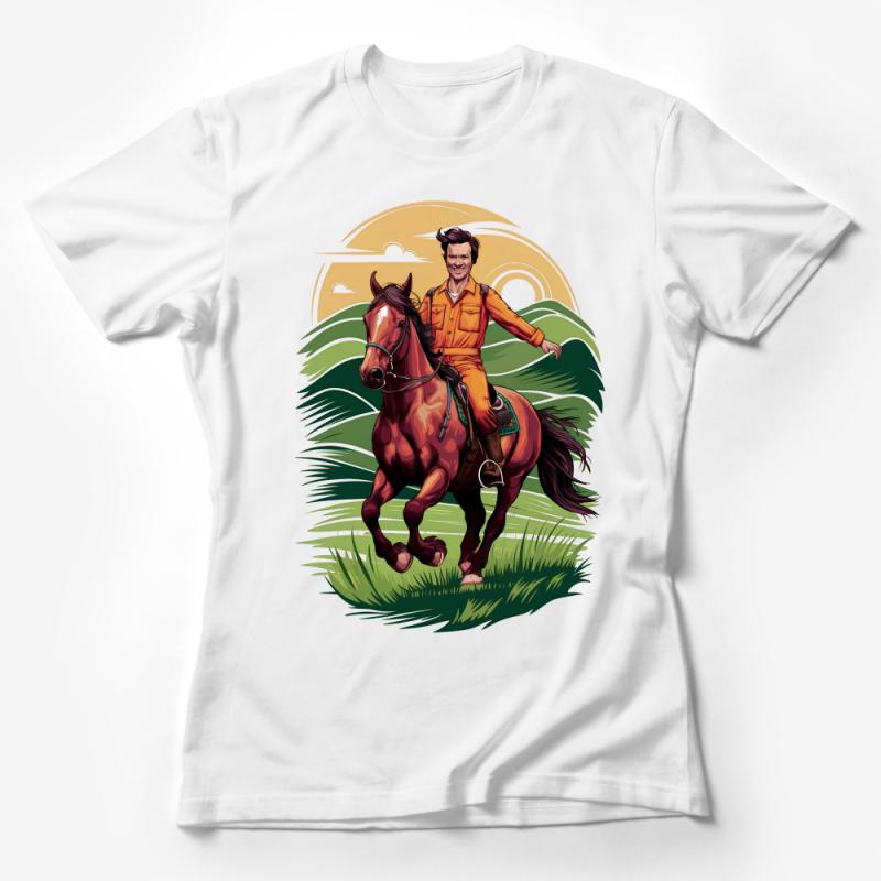 Horse Riding T-Shirt, Cowboy Sunset Graphic Tee, Equestrian Western Style Shirt, Unisex Adult Clothing, Horse Lover Gift Idea Female T-Shirt