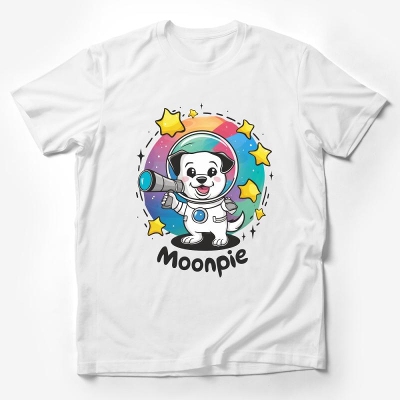 Space Dog T-Shirt, Cute Astronaut Puppy with Telescope, Moonpie Cartoon Tee, Unisex Kids and Adult Sizes, Starry Galaxy Design Male T-Shirt