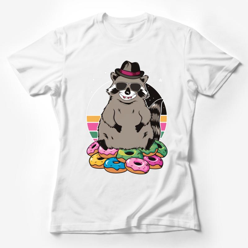 Funny Raccoon Donut Lover T-Shirt, Cool Animal Graphic Tee, Hipster Raccoon with Sunglasses and Hat Female T-Shirt