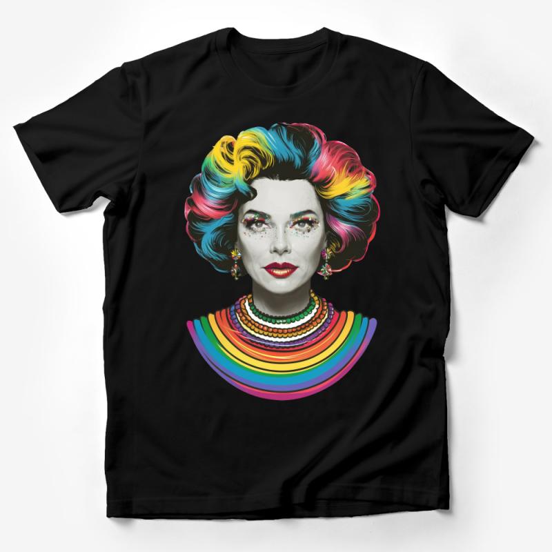 Colorful Pop Art Portrait Tee, Vibrant Woman Illustration, Fashionable Graphic Shirt, Unique Artistic Rainbow Hair Design Top Male T-Shirt