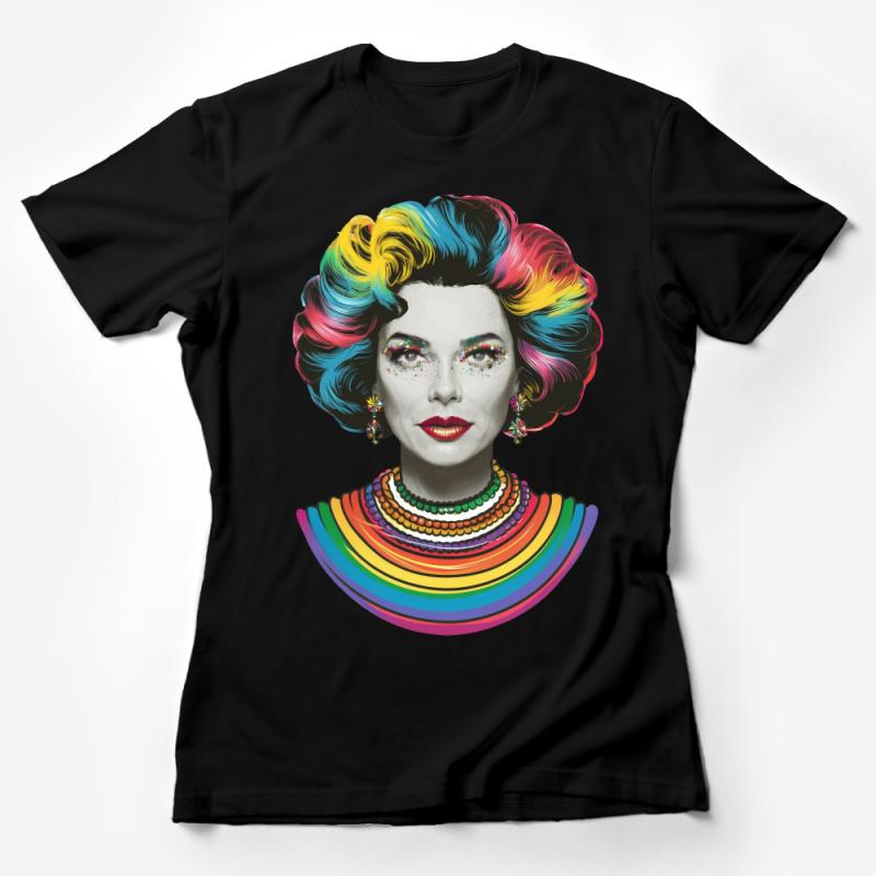 Colorful Pop Art Portrait Tee, Vibrant Woman Illustration, Fashionable Graphic Shirt, Unique Artistic Rainbow Hair Design Top Female T-Shirt