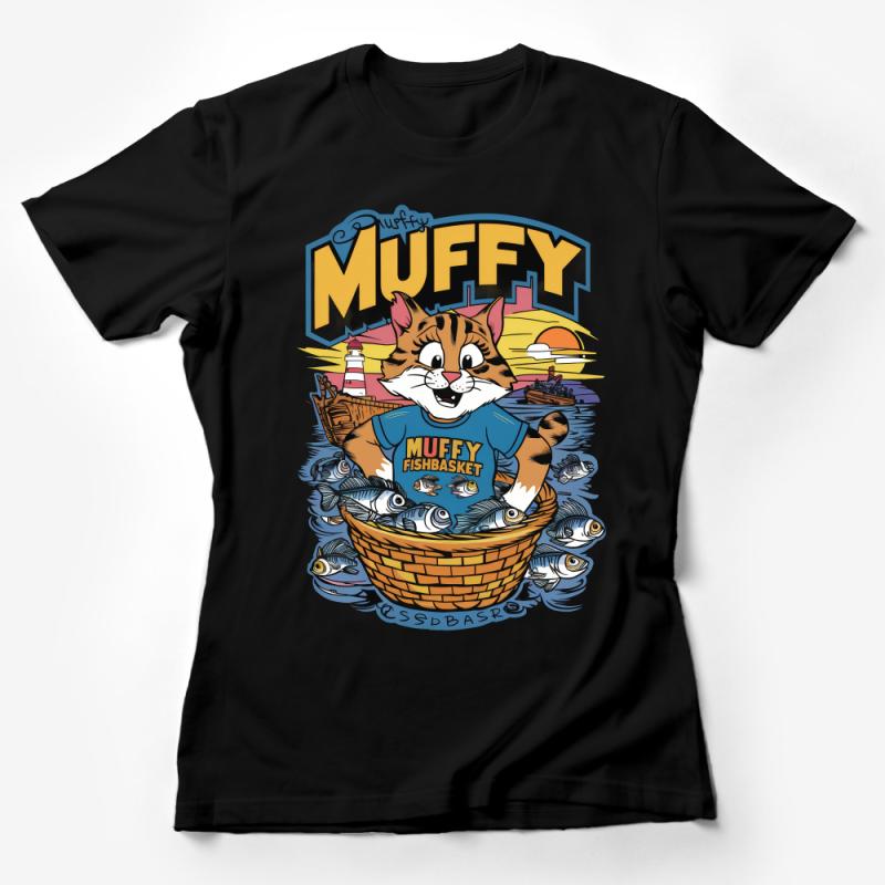 Colorful Muffy Fishbasket Nautical Cat T-Shirt, Whimsical Cartoon Cat Tee, Unisex Adult Graphic Shirt, Casual Summer Apparel Female T-Shirt