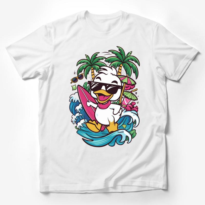 Surfing Duck Graphic Tee, Summer Beach Fun T-Shirt, Cartoon Duck Surfboard Palm Trees Top Male T-Shirt