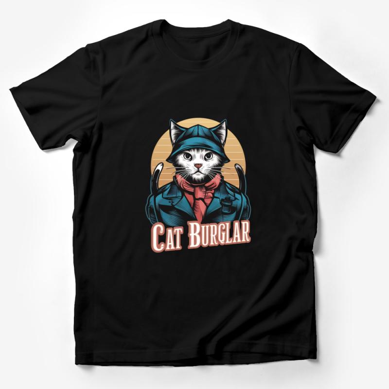 Unique Cat Burglar Graphic Tee, Vintage Style Feline T-Shirt, Hipster Cat in Hat Apparel, Unisex Shirt Male T-Shirt