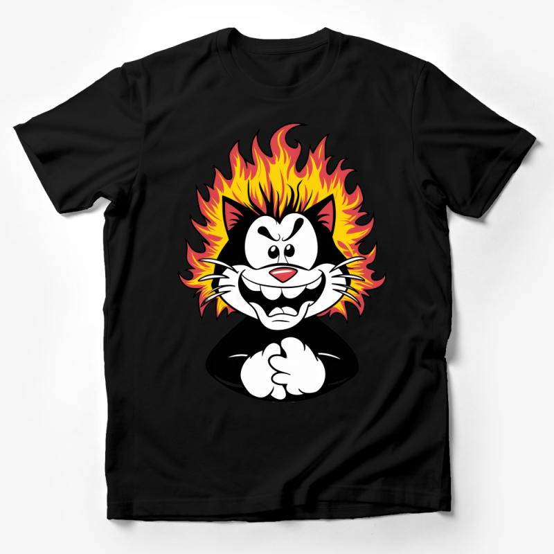 Cartoon Cat Fire Mane T-Shirt, Unisex Graphic Tee, Wild Feline Character Shirt, Casual Wear for Cat Lovers Male T-Shirt