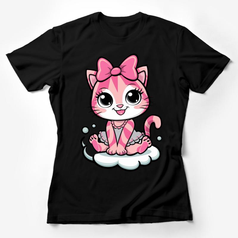 Cute Cartoon Kitty T-Shirt, Pink Bow Adorable Cat Graphic Tee, Kids Fun Animal Shirt, Gift for Cat Lovers Female T-Shirt