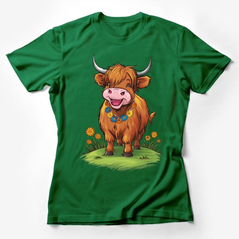 Cute Highland Cow T-Shirt, Floral Wreath Cartoon Cow, Happy Cow in Flowers Tee, Animal Lovers Gift, Kids and Adults Unisex Shirt Female T-Shirt