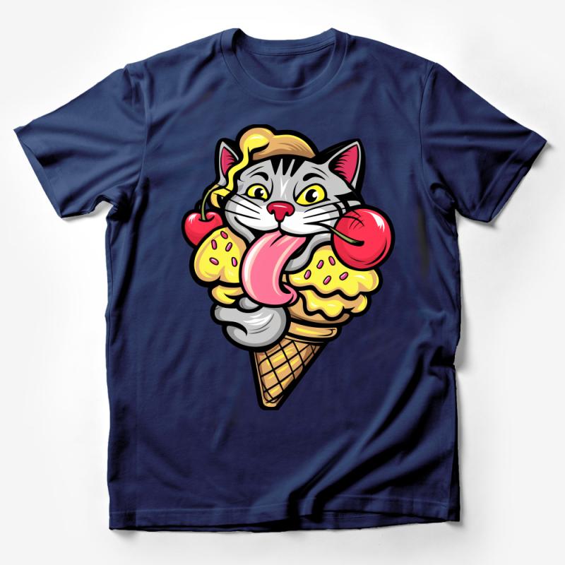 Cute Cat Ice Cream Cone T-Shirt, Funny Kitten with Cherries Graphic Tee, Unisex Feline Dessert Shirt Gift Male T-Shirt