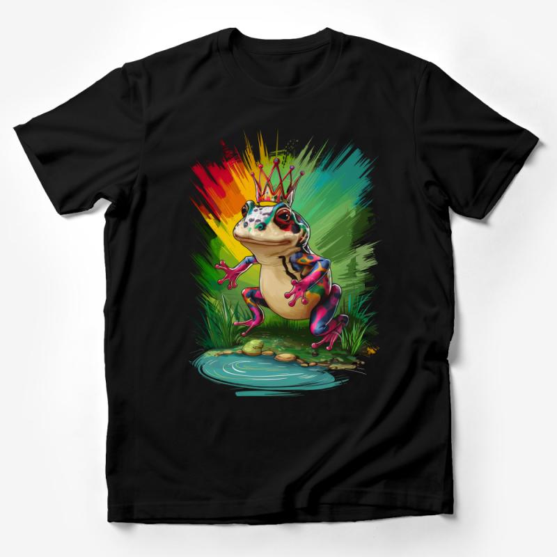 Colorful Crowned Frog T-Shirt, Whimsical Nature Inspired Tee, Unisex Artistic Amphibian Top Male T-Shirt