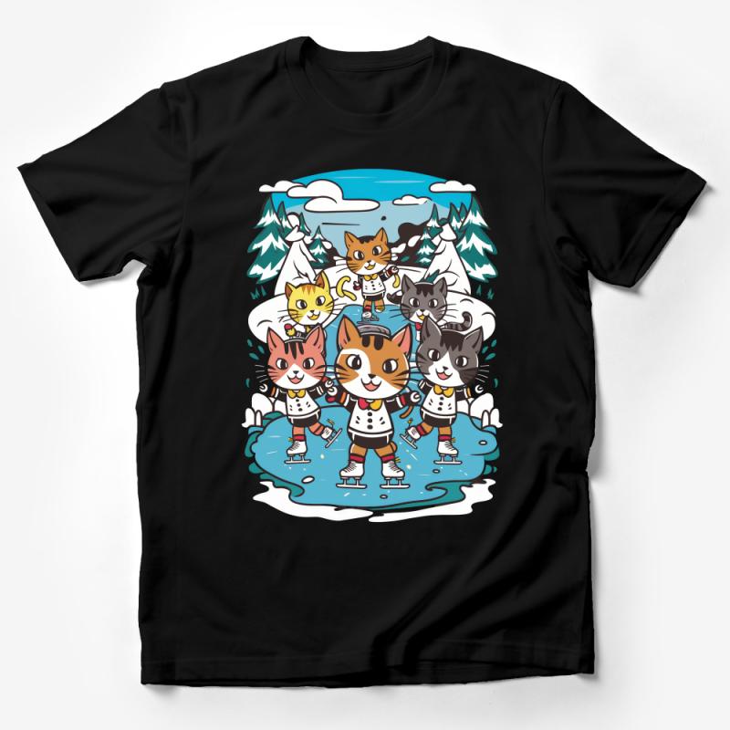 Adorable Cat Skating Party T-Shirt, Cute Kitty Ice Skaters, Casual Cat Lover Tee, Cartoon Feline Friends Graphic Tee, Unisex Male T-Shirt