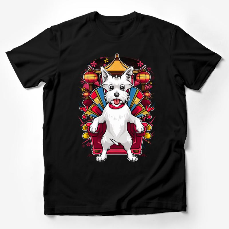 Cute Westie Dog T-Shirt, Colorful Asian Inspired Lanterns and Fans Pet Tee, Dog Lovers Graphic Shirt, Unisex Clothing Male T-Shirt