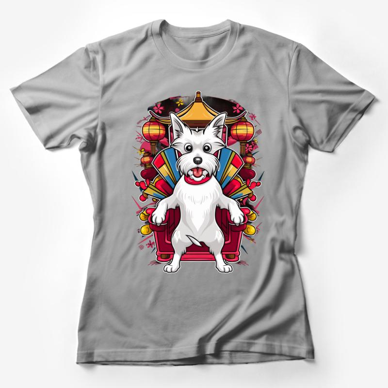 Cute Westie Dog T-Shirt, Colorful Asian Inspired Lanterns and Fans Pet Tee, Dog Lovers Graphic Shirt, Unisex Clothing Female T-Shirt