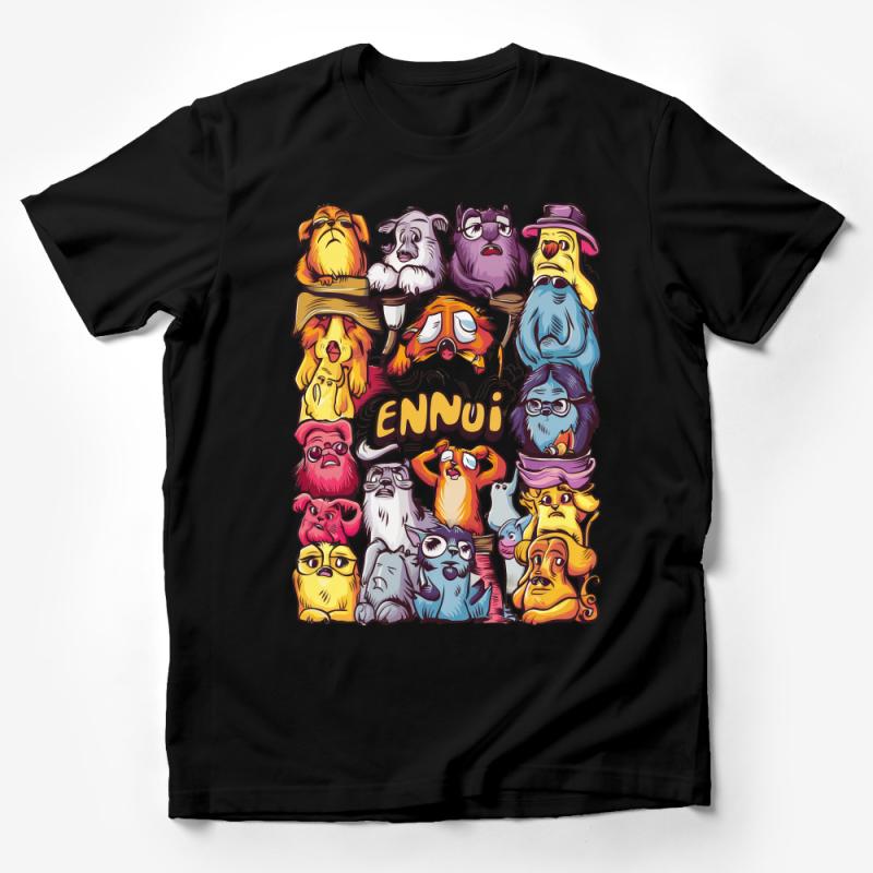 Colorful Ennui Expression Cartoon Animals T-Shirt, Unique Illustrated Creatures Tee, Hipster Animal Art, Gift for Pet Lovers Male T-Shirt