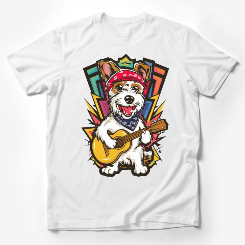 Funky Dog Playing Guitar T-Shirt, Music Loving Pet Illustration Tee, Colorful Animal Shirt, Bandana Dog Lover Gift, Unisex Graphic Tee Male T-Shirt