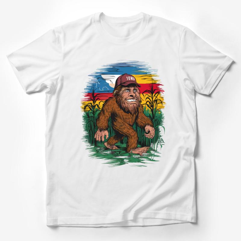 Iowa Bigfoot T-Shirt, Sasquatch Graphic Tee, Unisex Cornfield Creature Design, Unique Cryptid Apparel, Outdoor Adventure Shirt Male T-Shirt