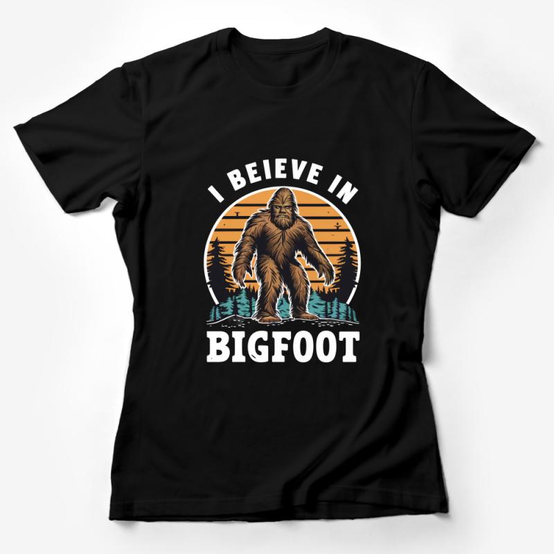 Bigfoot Believer T-Shirt, Vintage Sasquatch Graphic Tee, Forest Bigfoot Silhouette Shirt, Cryptozoology Fan, Unisex Female T-Shirt