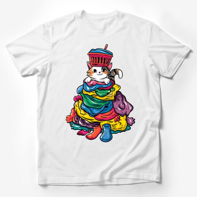 Whimsical Cat in Laundry Pile T-Shirt, Colorful Cartoon Kitty, Cute Animal Graphic Tee, Unisex Casual Wear, Funny Gift Idea Male T-Shirt