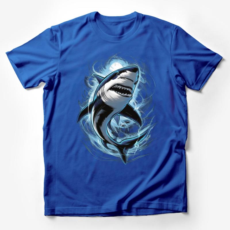 Men's Graphic Shark Tee, Cool Ocean Predator Design, Blue Swirl Shark Illustration T-Shirt, Unique Aquatic Animal Shirt Male T-Shirt