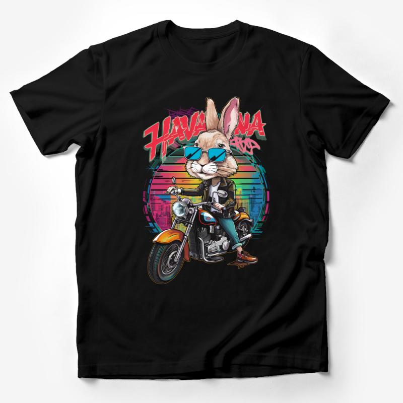 Cool Rabbit Biker Graphic Tee, Vibrant Motorcycle Illustration, Urban Street Style T-Shirt, Unisex Clothing Male T-Shirt