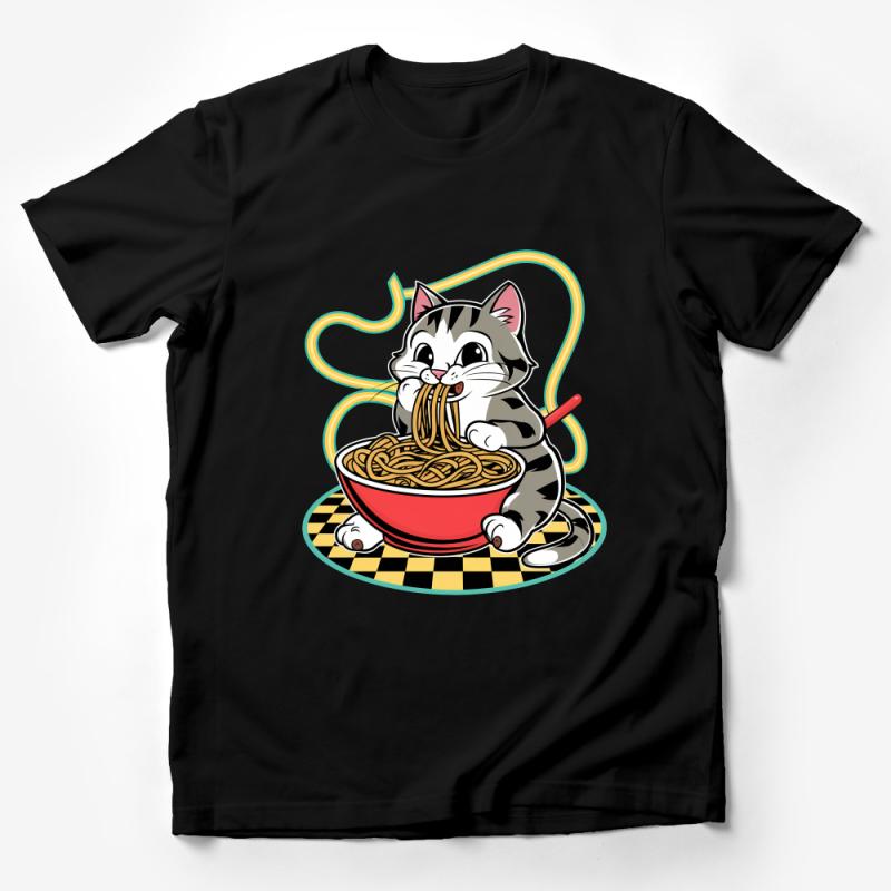 Cute Cartoon Cat Eating Spaghetti T-Shirt, Funny Cat Lover Tee, Kitten Pasta Dinner Shirt, Whimsical Pet Graphic Top, Unisex Clothing Male T-Shirt