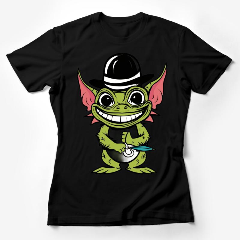 Funny Green Monster Cartoon Hat Graphic T-Shirt, Unisex Whimsical Creature Tee, Unique Casual Wear, Gift for Fantasy Lovers Female T-Shirt