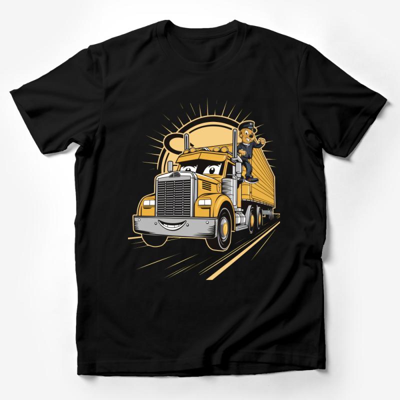 Cartoon Truck Driver T-Shirt, Kids Fun Transportation Tee, Boys Graphic Dump Truck Shirt, Yellow Truck Illustration Apparel Male T-Shirt