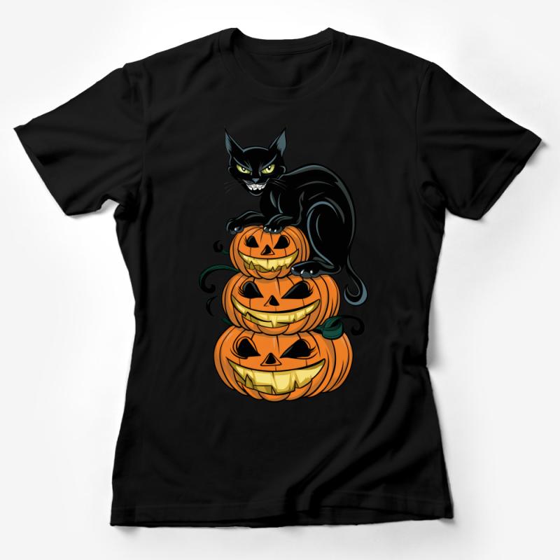 Halloween Cat and Pumpkin Stack Graphic Tee, Spooky Black Cat T-Shirt, Autumn Holiday Apparel for All Ages Female T-Shirt