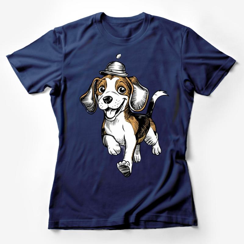 Cute Beagle Puppy T-Shirt, Cartoon Dog with Hat Graphic Tee, Unisex Animal Lover Shirt, Casual Pet Owner Gift Female T-Shirt