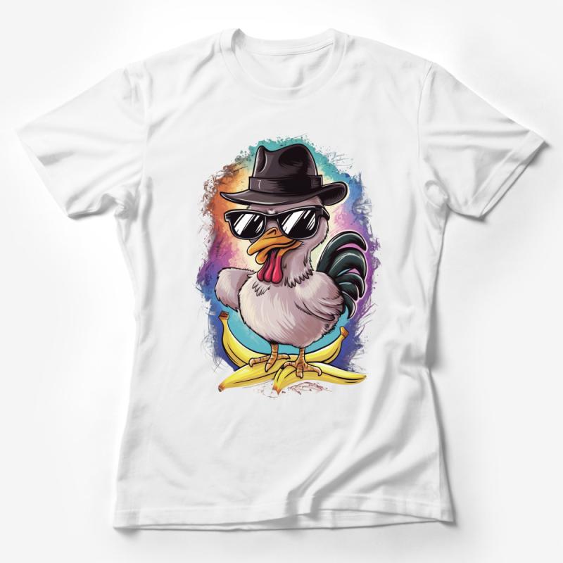 Funny Cartoon Chicken T-Shirt, Cool Bird with Hat and Bananas, Unisex Graphic Tee, Colorful Artwork, Casual Style Clothing Female T-Shirt