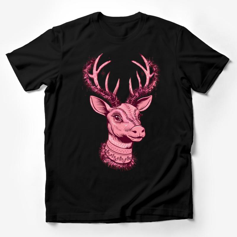 Bohemian Deer T-Shirt, Pink Stag with Antlers, Graphic Tee for Women, Men, Festival Fashion, Boho Chic, Unique Animal Illustration Top Male T-Shirt