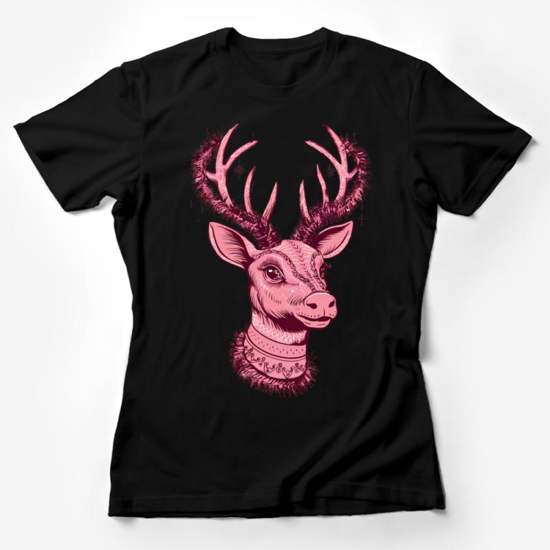 Bohemian Deer T-Shirt, Pink Stag with Antlers, Graphic Tee for Women, Men, Festival Fashion, Boho Chic, Unique Animal Illustration Top Female T-Shirt