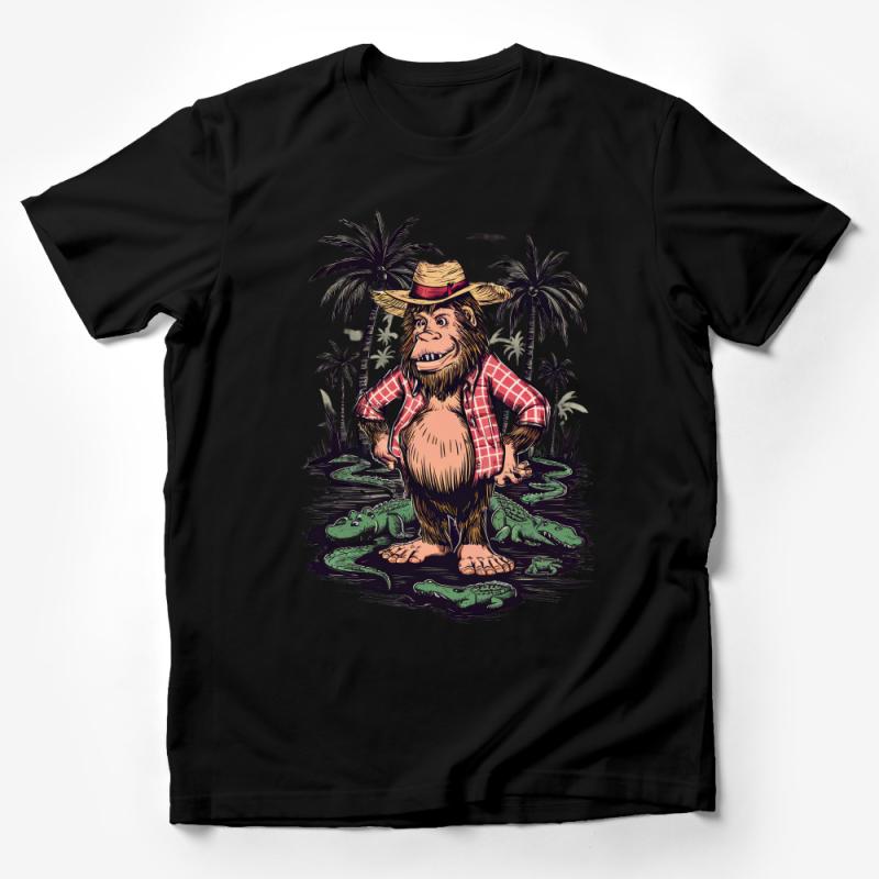 Unique Bigfoot Farmer T-Shirt, Country Sasquatch Graphic Tee, Fun Bigfoot With Alligators Design, Unisex Clothing Gift Male T-Shirt