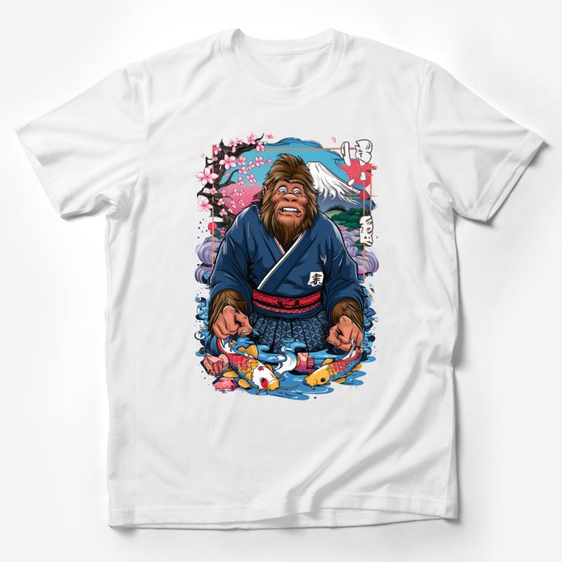 Unique Bigfoot Samurai T-Shirt, Japanese Mythical Creature Graphic Tee, Cherry Blossom and Koi Print, Unisex Urban Style Shirt Male T-Shirt