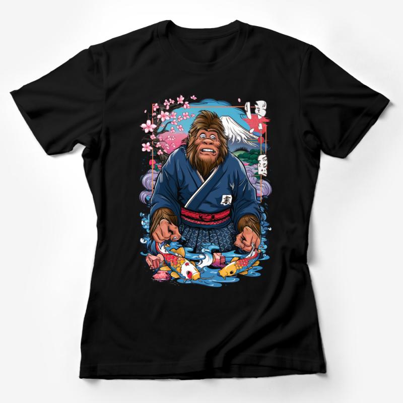 Unique Bigfoot Samurai T-Shirt, Japanese Mythical Creature Graphic Tee, Cherry Blossom and Koi Print, Unisex Urban Style Shirt Female T-Shirt