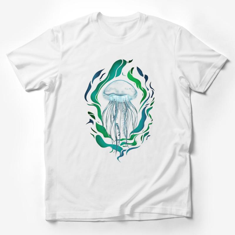 Ocean-Inspired Jellyfish T-Shirt, Marine Life Graphic Tee, Unisex Aqua Theme Casual Wear, Artistic Sea Creature Illustration Top Male T-Shirt