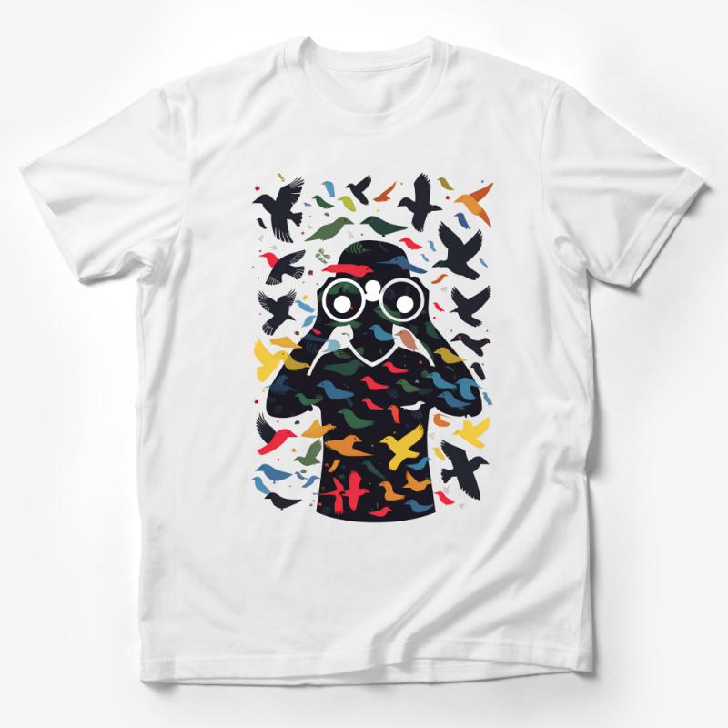 Colorful Bird Silhouette Graphic Tee, Unisex T-Shirt with Flying Birds, Artistic Nature Design, Casual Wear, Unique Gift Item Male T-Shirt