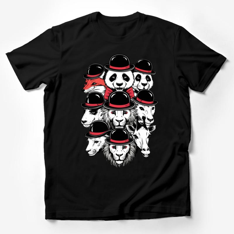 Animal Faces with Hats T-Shirt, Unique Animal Portrait Tee, Cute Wildlife Illustration Shirt, Unisex Graphic Tee, Pandas Lions Foxes Male T-Shirt