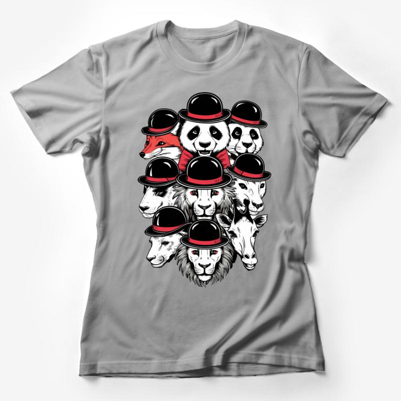 Animal Faces with Hats T-Shirt, Unique Animal Portrait Tee, Cute Wildlife Illustration Shirt, Unisex Graphic Tee, Pandas Lions Foxes Female T-Shirt