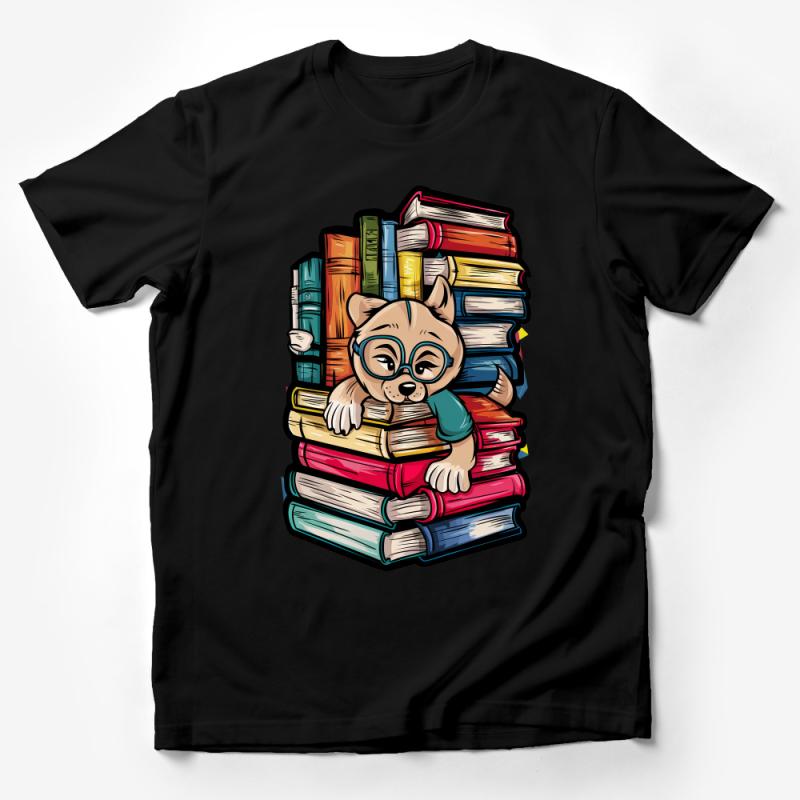 Cute Cartoon Puppy and Book Stack T-Shirt, Colorful Graphic Tee, Book Lover Gift, Unisex Casual Reading Shirt Male T-Shirt