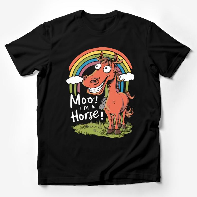 Funny Cartoon Horse T-Shirt, Colorful Rainbow Graphic Tee, Quirky Animal Shirt, Moo I'm a Horse Male T-Shirt