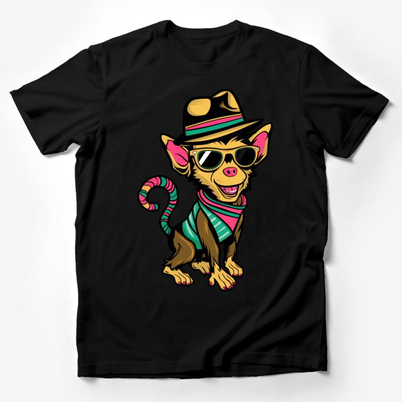 Funky Chihuahua in Hat and Sunglasses T-Shirt, Cartoon Dog Tee, Colorful Hipster Animal Shirt, Casual Streetwear, Unisex Graphic Top Male T-Shirt