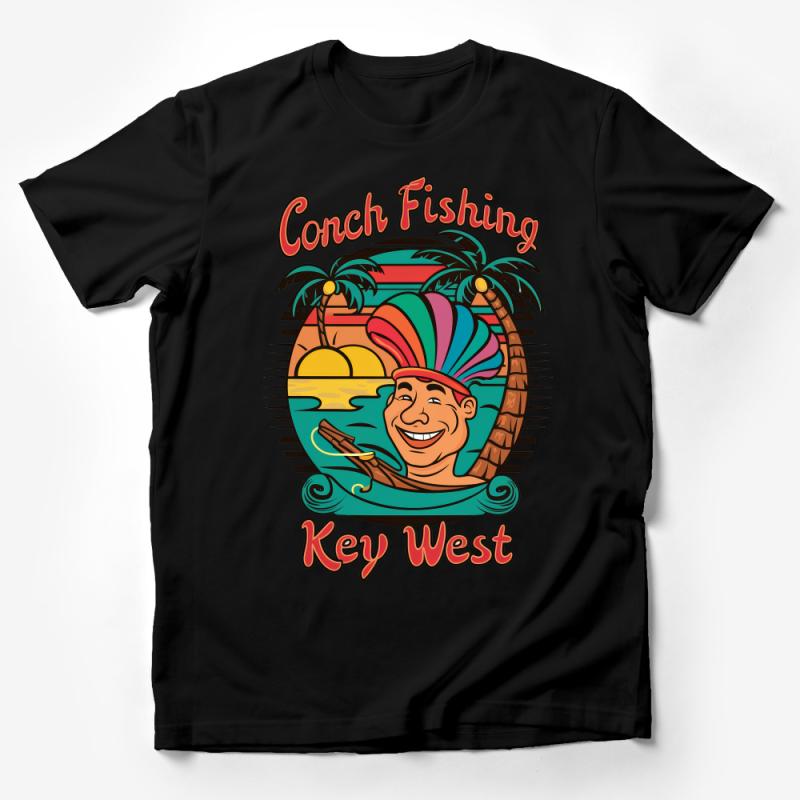 Key West Conch Fishing T-Shirt, Vintage Style Graphic Tee, Tropical Sunset Palm Trees Shirt, Unique Beach Vacation Apparel for Men Male T-Shirt