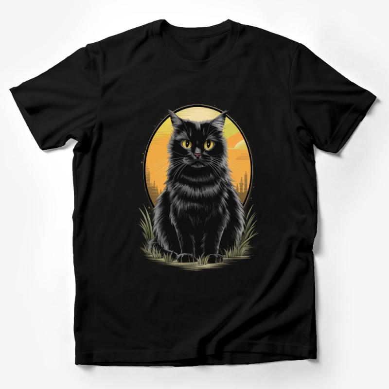 Black Cat T-Shirt, Vintage Style Feline Graphic Tee, Unisex Cat Lover Shirt, Sunset Animal Illustration Apparel Male T-Shirt