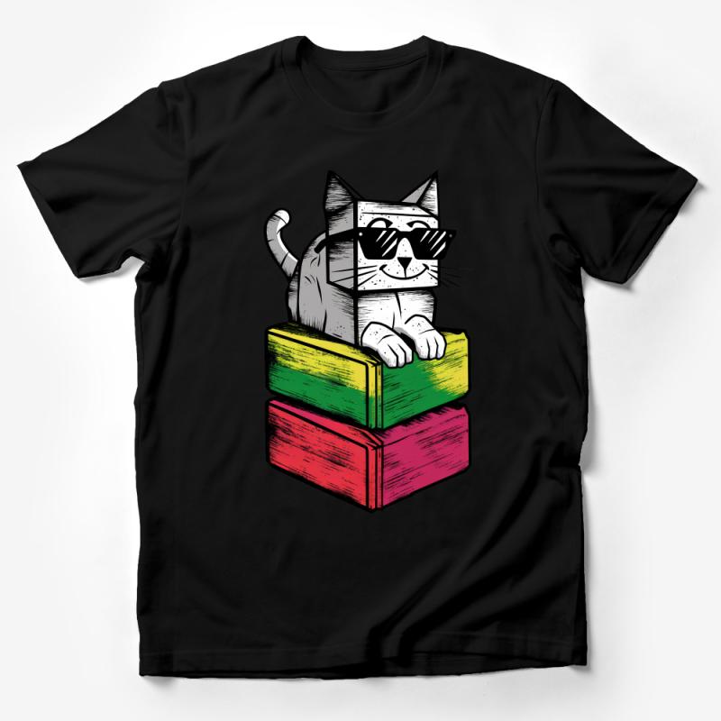 Cool Cat T-Shirt, Hipster Cat with Glasses, Funny Cat Lover Tee, Unisex Graphic Tee, Trendy Bookish Cat Shirt, Colorful Male T-Shirt