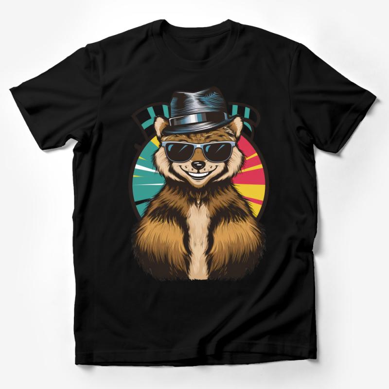 Hipster Bear T-Shirt with Cool Sunglasses and Hat, Unisex Graphic Tee, Retro Style Animal Shirt Male T-Shirt