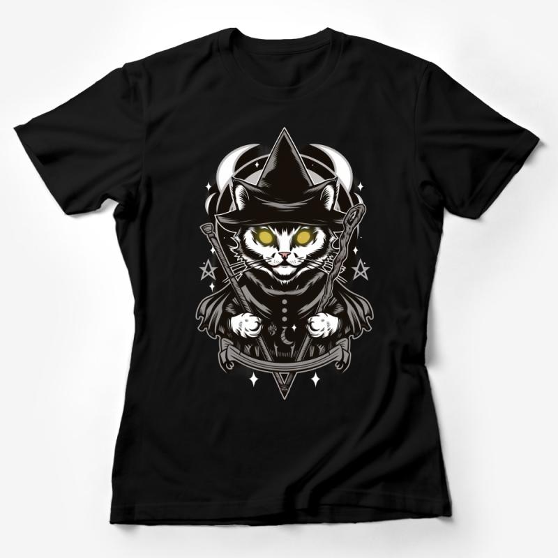 Witchy Cat T-Shirt, Mystical Feline Wizard Graphic Tee, Magic Kitty Apparel, Unisex Fantasy Clothing, Occult Witchcraft Moon Shirt Female T-Shirt